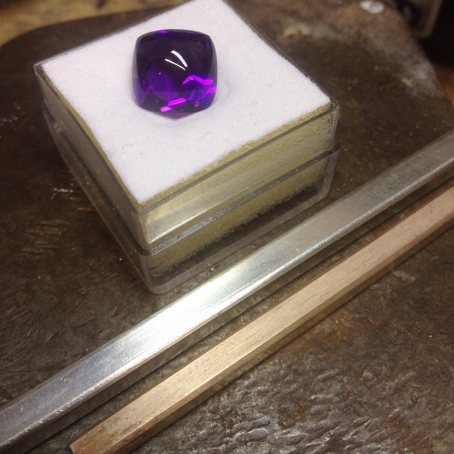 A bit of gold, a bit of silver and a pretty awesome Amethyst! This is what it looks like before the artistry begins! Stay tuned........