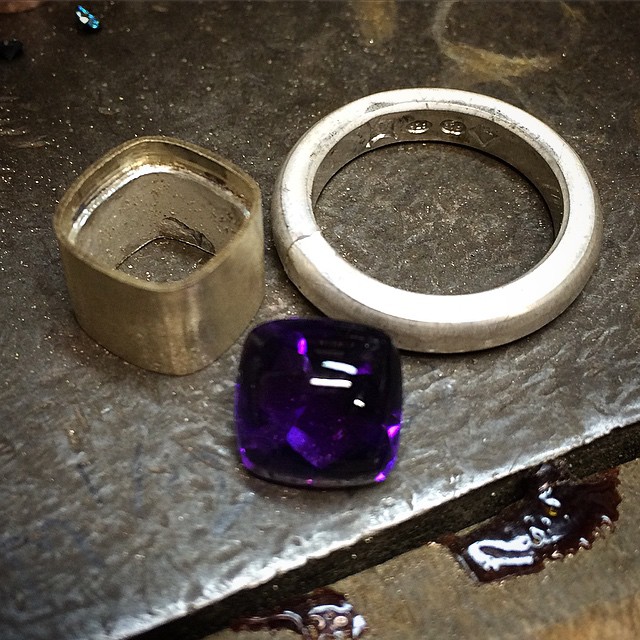 This beautiful Amethyst is coming along too. Another simple silver band and gold setting. Might add to it....we'll see how it evolves. This is a Buff Top stone which means cabochon on to with facets underneath. It's just a magical cut!