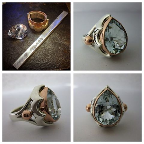 set in 9ct Rose Gold and Sterling Silver. The stone is from Flinders Island off the top of Tasmania. This Topaz has the slightest tinge of ice blue and a dazzling sparkle! This piece is for sale through me. Contact me for more details.