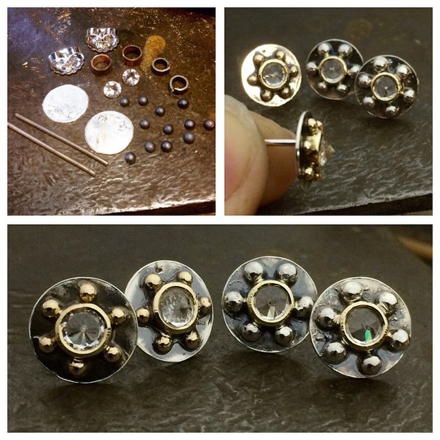 I finished these stud earrings last night. They remind me of Viking shields! The pic top left shows how many pieces it takes to make just one pair! They are each set with a 4mm Killiecrankie Diamond, set upside down so they are pointed on top. I have oxidised the metal and left it a bit rough to give an ancient hand wrought look. The back plate and pin is Sterling Silver and the settings gold. One pair has gold granules and the other as silver.