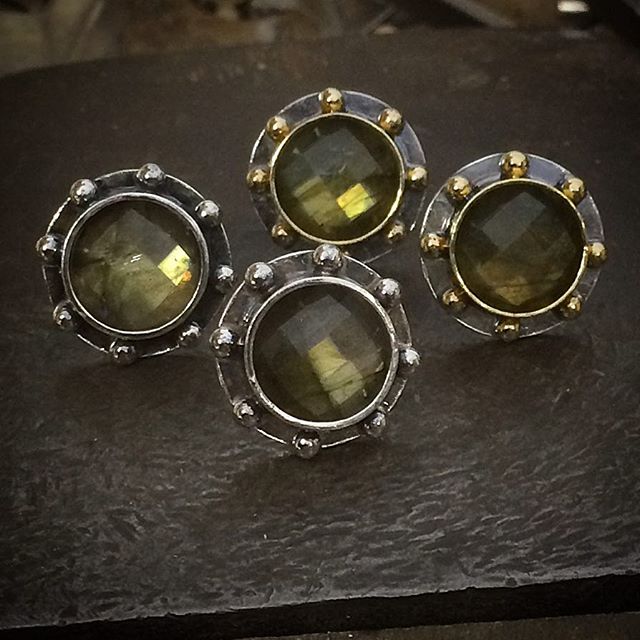 Bit excited to set these labradorite studs! One pair all Sterling Silver, two pairs with 18ct Yellow Gold settings and granules on Sterling Silver backs.