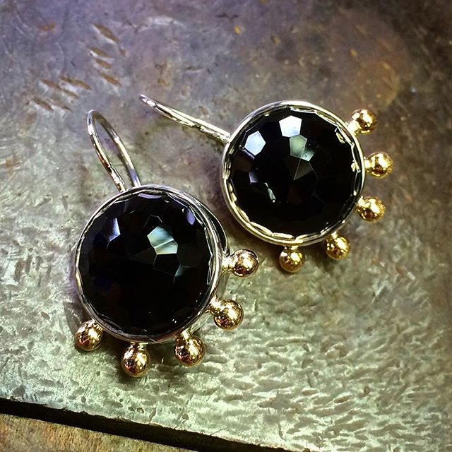 Hard to capture their true beauty! Rose cut Onyx set in Sterling Silver Earrings with 18ct Yellow Gold Granules. I love these! I could keep them myself but nooooo! They are off to another gallery:)