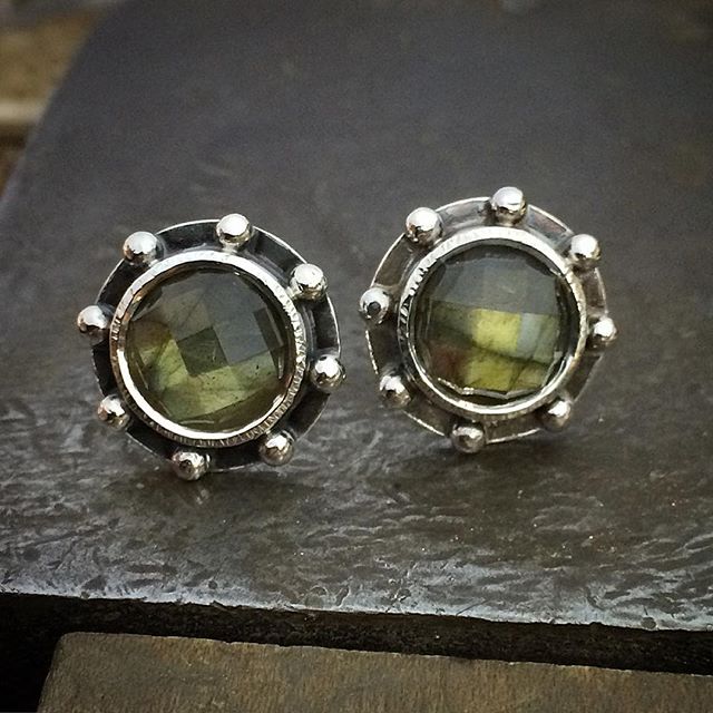 Just finished the first of three pairs of this design. These are all silver set with 10mm faceted Labradorite.