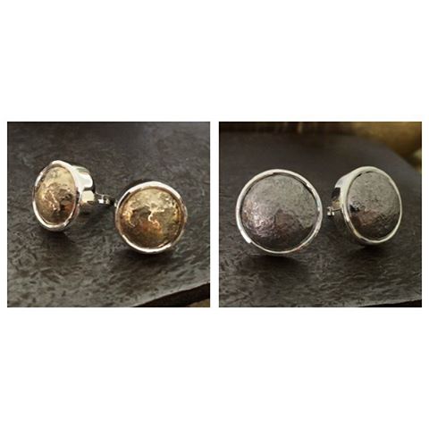 Inspired by the geology of the Isthmus on Bruny Island I have imprinted these dome studs with a local Dolorite boulder. Left are yellow gold and right are titanium both set in silver stud earrings. On exhibition at Edge 2