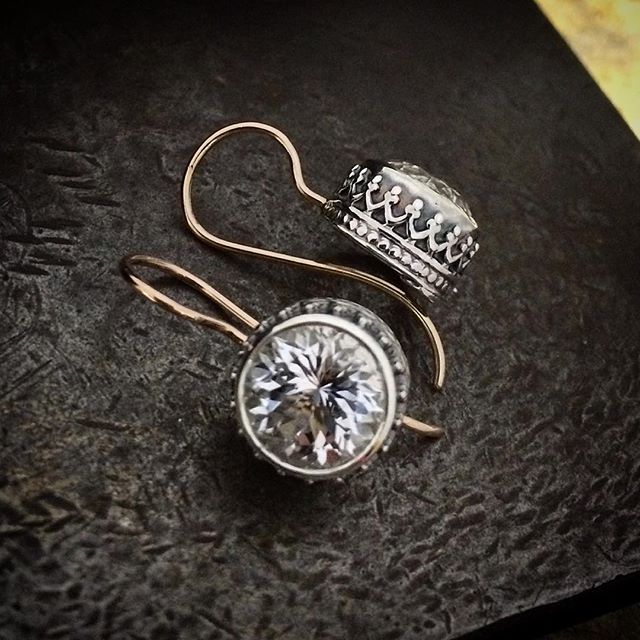 Brilliant Killiecrankie Diamond (topaz from Flinders Island) bezel set earrings with gallery wire. Sterling Silver with Rose Gold hooks. Just over 8 carats the pair.