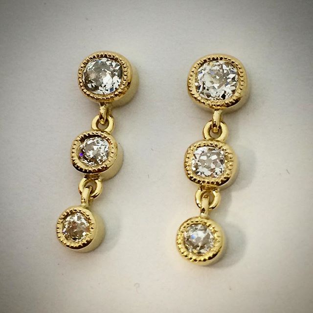 Very happy to say these beautiful antique family heirloom diamonds will be enjoyed in their new earrings made from the recycled 18ct gold which came from the rings they were taken out of:) Very pleased my client loves them! They have a hand beaded bezel edge which works beautifully with the old cut diamonds. I wish the photo showed their amazing sparkle!