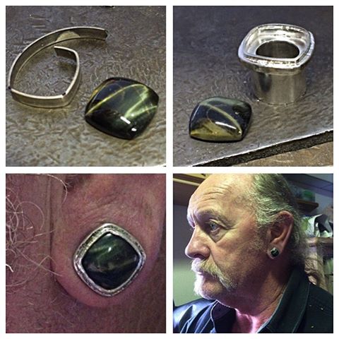 My Dads Birthday Present! I'm still practicing making plugs but I love the end result and my dad is the best model I wanted my dad to have the first piece of jewellery I have made with a stone that I cut. It's tiger eye set in a sterling silver 12mm plug. Happy Birthday Dad ️️️