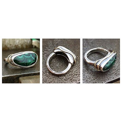 A beautiful Malachite cabochon I've had for many years has finally got its setting:) Chunky Sterling silver with beaten gold wire wrapping around the setting and oxidised giving a gun metal grey contrast to the polished areas of silver.