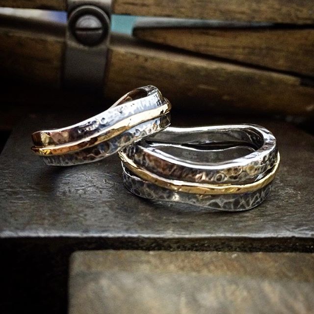 Today is the day that Kate & Jake got married️I got to make some very special rings for such an awesome couple! They are silver with the impressions of local rocks and fossils with a band of gold encircling both rings that I recycled from one old ring that belonged to Kate's grandfather. The the rings were filled with so much love and wishes and good vibes as they were passed around everyone at the wedding. Totally amazing ceremony! Feeling the ️!! Congratulations ?