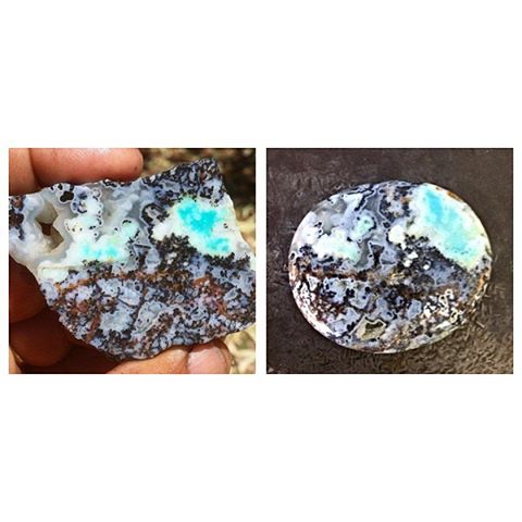 From rough slice to polished. This piece was a joy to cut! So interesting! It's from the Katie Mine in NW Queensland, Australia. It is Chrysocolla, Chalcedony, Manganese and likely Common Opal. The first thing I saw in this piece was rock pools so that's what I have named it. 38 x 45mm it's the next pendant I'm starting:)