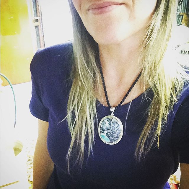 Pretty happy with this new pendant! Thought I'd take a selfie to show the size of it.....ok I need a haircut This piece is called Rockpools. Named after our local beaches which have white sand, black rocks and pristine aqua water. It's Australian Chrysocolla, Chalcedony, manganese and likely common opal from the Katie Mine NW Queensland. For sale