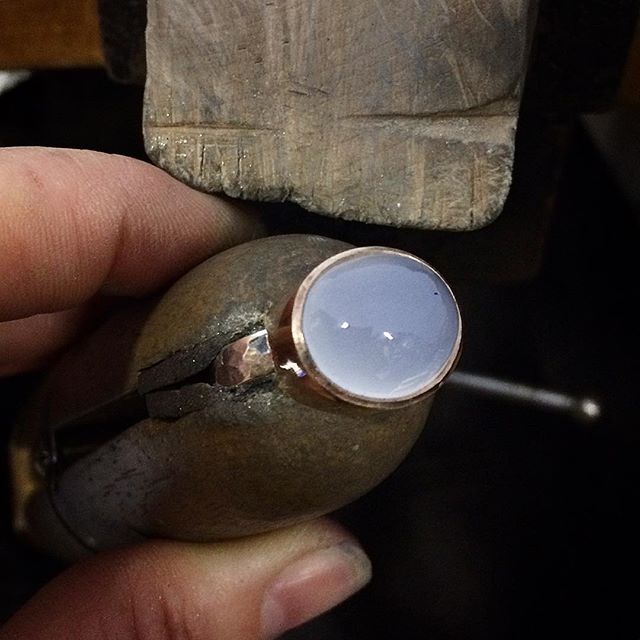 Loving this African blue Chalcedony I just set!! I cut the stone too, so from start to finish I have really enjoyed this lovely creation! It's a simple slightly beaten silver ring with a rose gold setting. Finger size O, for sale soon