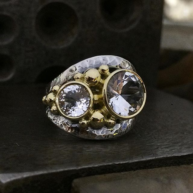 This custom ring was so awesome to make! Adapted from a similar design, my client chose these two Tasmanian Topaz, the smaller one is a Killiecrankie Diamond. We used heirloom gold from her grandfather! The rich 18ct a stunning contrast to the silver and the white stones. Oxidised for extra depth. The gold wraps all the way around the ring. I love Recycling family jewellery. Creating a piece which will continue to be enjoyed for many more years! Thank you so much Laura! Hope you are enjoying your new treasure️