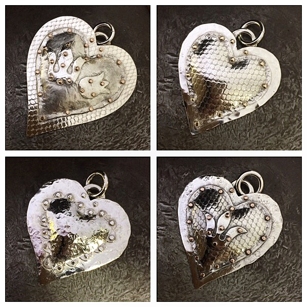 All of these pretty hearts are going on sale. Snap them up so I don't have to put them in my website shop! top left is the bigger one 50x44mm $195, top right 38x35mm $145, bottom left 39x37 $145, bottom right 41x38mm $165 these I made back in 2007-08 during a study I did on combining ancient and modern techniques, textures and riveting without using any solder joins. All except bottom left(all silver)  are Sterling silver with 9ct rose gold rivets. Two have antique design inspired lillies. They are very light and are made from very thin silver sheet. Postage not included. Various silk, neoprene and silver neck bands available. Message me for more info