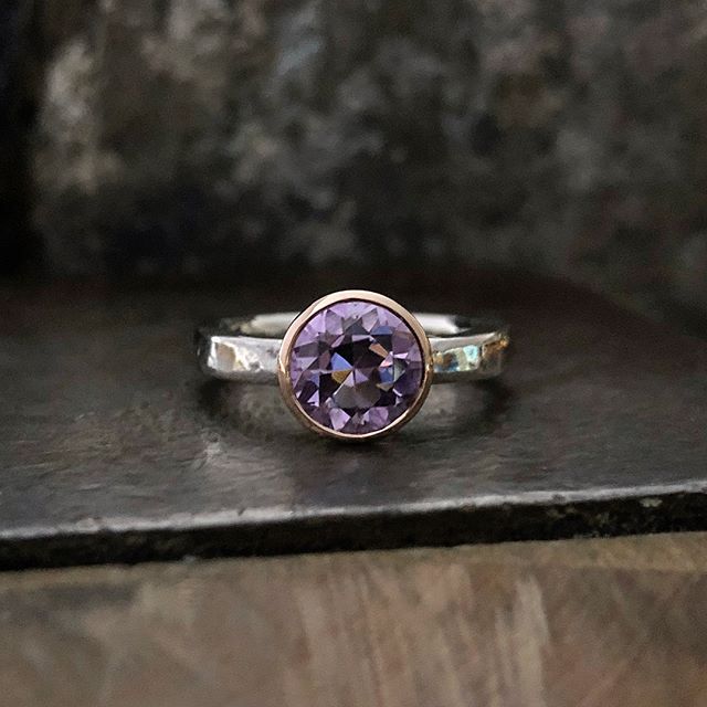 A sweet little 8mm Amethyst ring finished today! Tapered rose gold bezel with a beaten silver band. A common style of mine but this ones has a slightly finer band. One of a few I am yet to make size  O