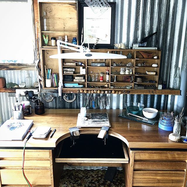 Very proud of my new set up! Converted from a retro desk that the owner had put a beautiful solid wooden top on. My husband helped me reinforce it with a layer of marine ply under the top. I oiled the wood on the draws and it came up a treat! The draws are amazing! I have one just dedicated to hammers and mandrels! So much less clutter on the bench top. The amazing shelf above came from a friend and I’ve used an old draw as another shelf above that. First official day using my new bench?