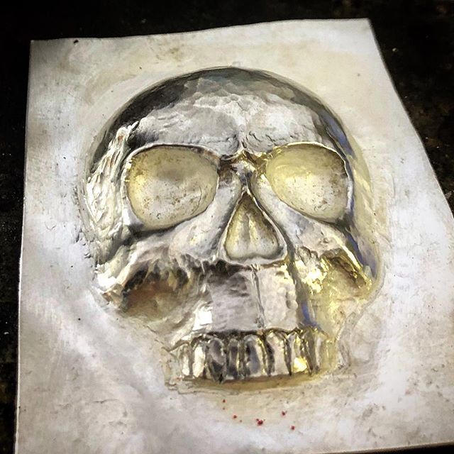 The skull is coming along, pretty happy with it. It’s hammered from the front and back of a sheet of silver to give a 3D effect using the chasing and repousse technique. It will be blackened in the deep areas and set in a pendant. I wish I had it finished in time to wear to Dark Mofo in Hobart!! I’m volunteering at an amazing exhibition called Invisible House featuring the work of some incredible artists! It’s an honour and I’m definitely going to come away from this weekend extremely inspired!