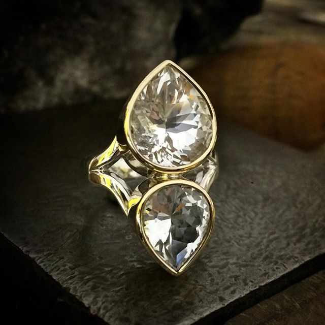 Twice as nice!! A sparkling whopper of a ring yet simplistic and elegant. Two Killiecrankie Diamonds which are Topaz found on Flinders Island Tasmania. The smaller stone  displays some subtle natural inclusions which to me highlight their natural beauty. The cuts are stunning! Set in gold and silver. Available @theempressandwolf in beautiful Daylesford Victoria. This one is size N 1/2