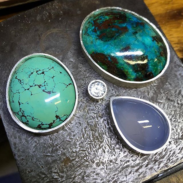 Playing with some really pretty colours for some new pendants! These ones I cut myself from rough. The turquoise from Shiyan Hubei China is stabilised for hardness and I I have been  told it is colour should be natural but I love it regardless. The blue/mauve chalcedony is from Africa and the Chrysocolla is from Arizona both natural. The settings will be fairly simple because the rocks really speak for themselves